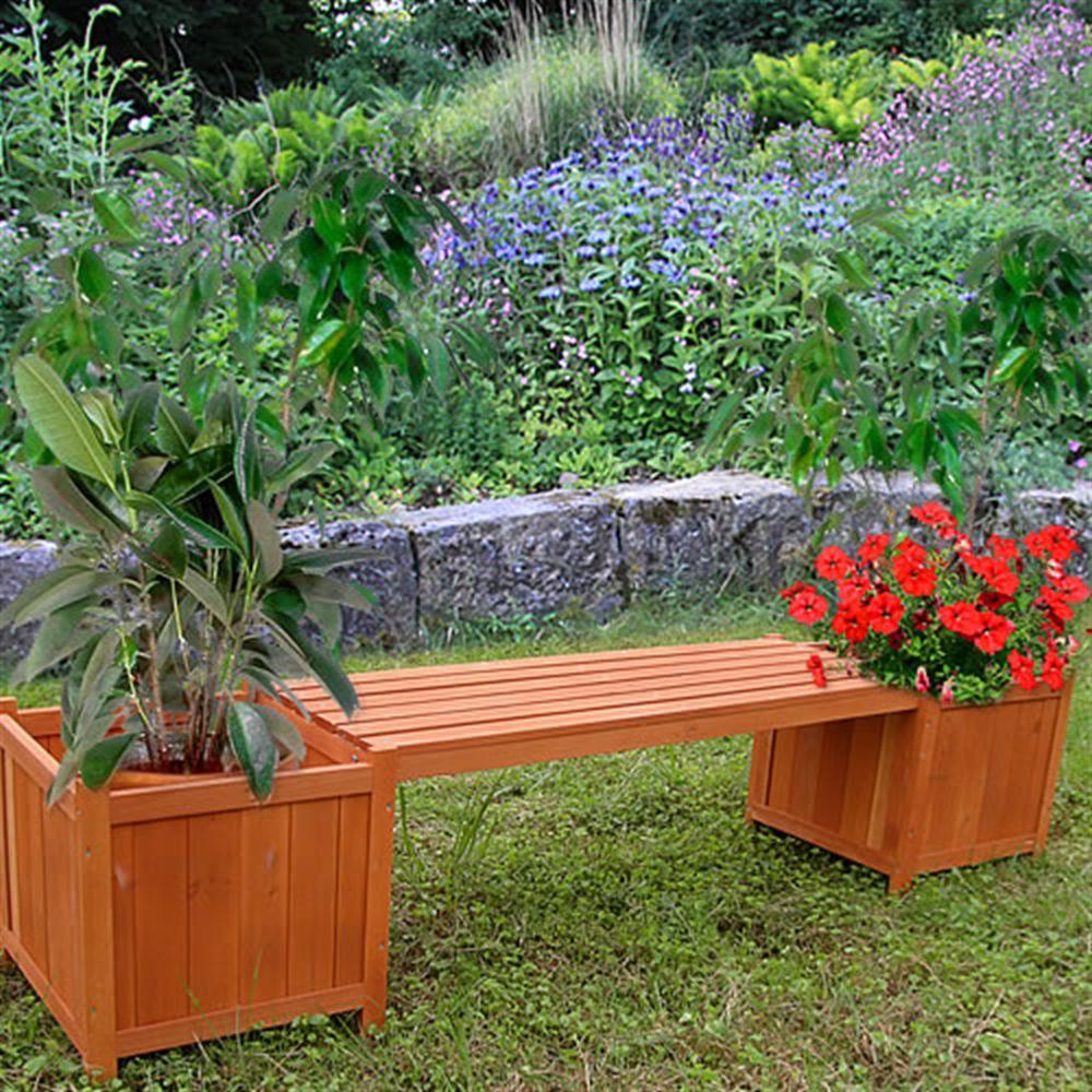 Banc de jardin avec bacs à fleurs, en bois massif
