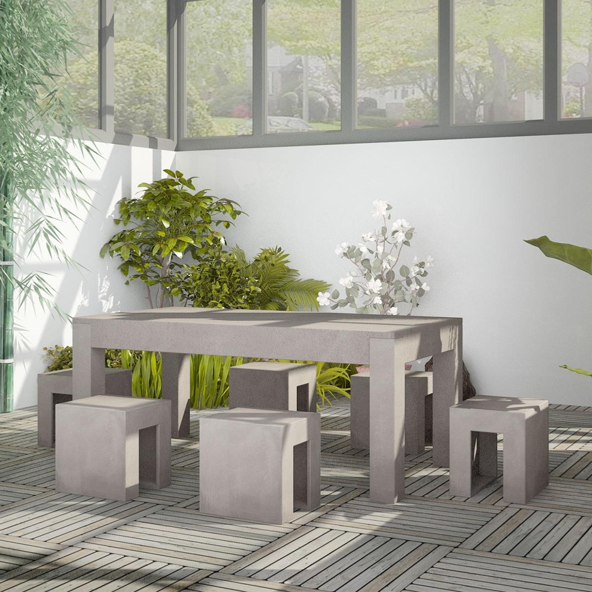 SALON de jardin en béton complet, table avec 6 tabourets