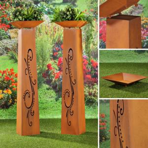 Colonne Déco Jardin Métal Edelrost 1.15m - Style Conique Rouillé Avec Bac à Fleurs - Décoration Vintage Extérieur