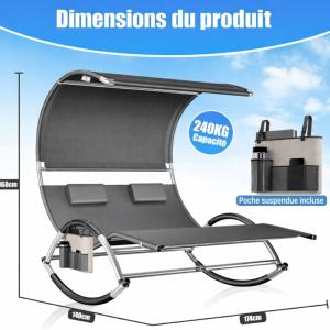 Chaise longue double à bascule avec auvent – Transat 2 places, acier et textilène