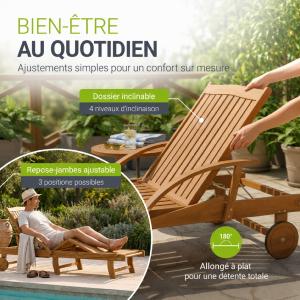 Bain de soleil pliant en bois d'acacia avec table et tablette intégrées – SUNDAY
