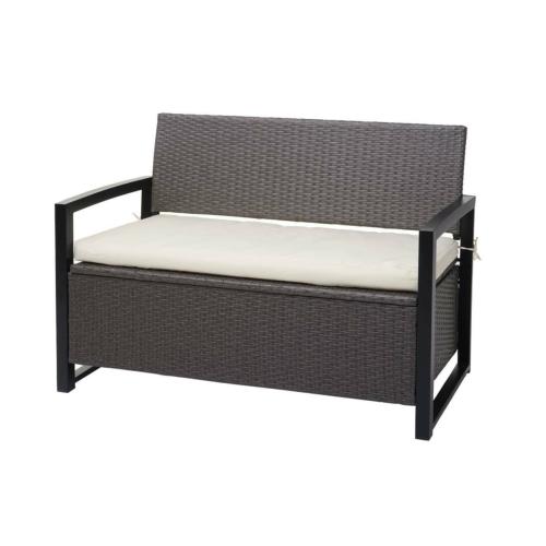 BANC avec coffre de rangement, resine tressée, gris, coussin crème