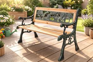 BANC DE JARDIN ENFANT 85 CM Bois & fonte style vintage – Motif animaux