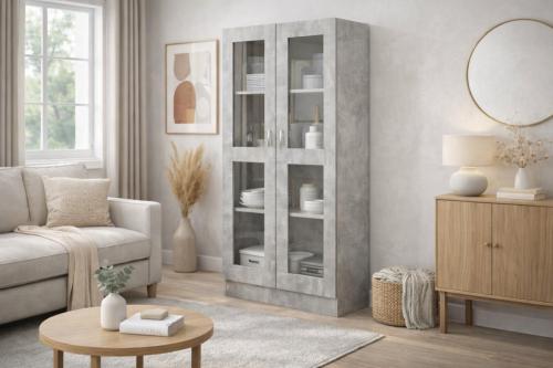 Bibliothèque haute moderne 190 cm gris béton avec portes vitrées – ARAMIS