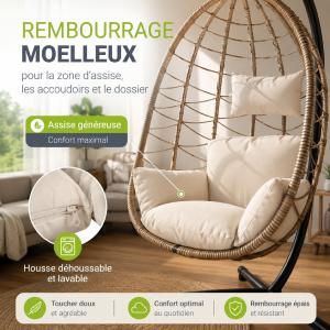 Fauteuil suspendu ALOA en rotin avec support – Beige ou gris