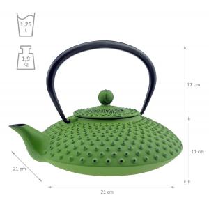 THEIERE en fonte, design avec points vert, 1,25 litres