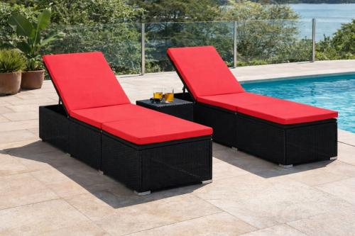 Transats avec table, duo en résine tressée noir, coussins rouge