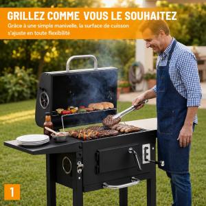 Barbecue Charbon & Fumoir 2-en-1 ARCAN avec Thermomètre, Tablettes Rabattables et Roues
