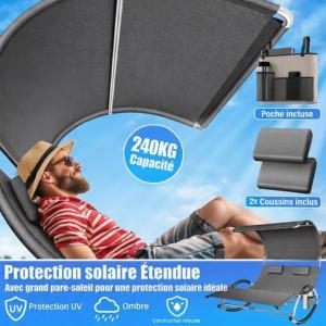 Chaise longue double à bascule avec auvent – Transat 2 places, acier et textilène