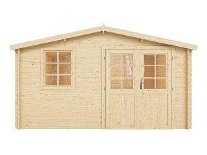 Abri de jardin bois 12 m² ARVENA – Madriers 28 mm – Toit double pente avec bardeaux bitumeux