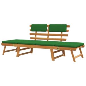 Banc de jardin convertible, bois exotique, coussins vert