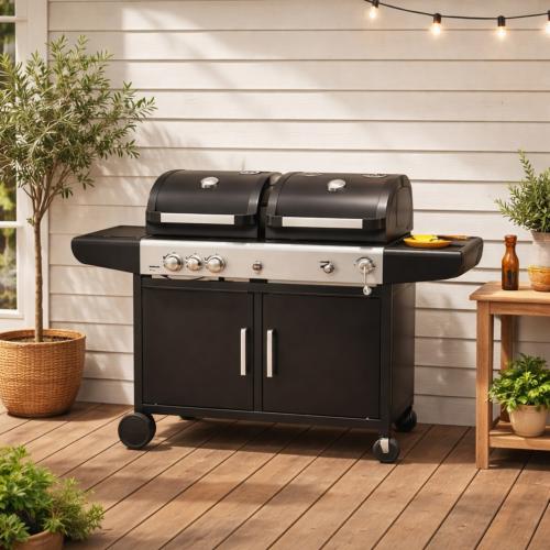 BARBECUE combiné, 2 en 1, gaz ou charbon, avec plancha