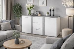 Commode / Buffet bas moderne 155 cm gris béton & blanc – ALINA