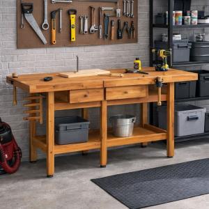 Établi en bois massif d’acacia 165 cm avec étaux et tiroirs