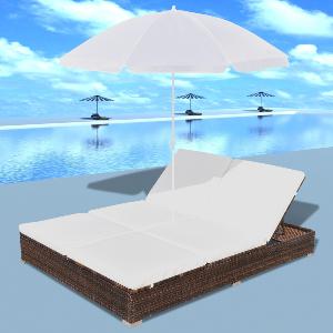 LIT de jardin double résine tressée avec parasol, marron