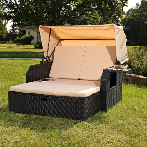 LIT Transat de jardin, modulable, résine tressée, noir
