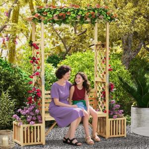 Arche à rosiers avec banc intégré et jardinières en bois naturel
