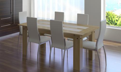 Salle à manger bois clair, complète 6 chaises simili cuir
