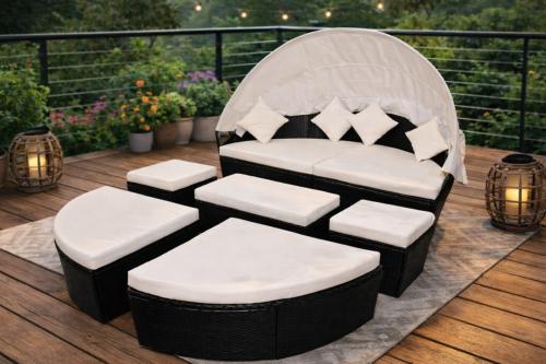 Salon de jardin XXL 2-en-1 en résine tressée – Lit rond modulable Ø 230 cm