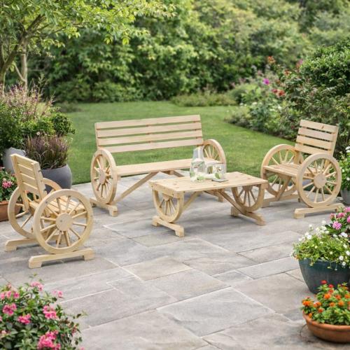 SALON de jardin, vintage, bois massif naturel, 4 places