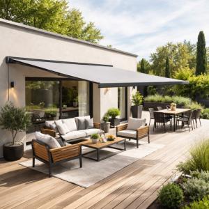 Store banne coffre intégral 500 x 300 cm – Aluminium anthracite – Manuel – Toile 12 coloris