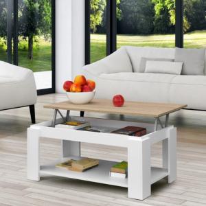 TABLE basse blanche, 100 cm, plateau relevable, couleur chêne, GALION