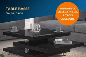 TABLE basse pivotante, 3 plateaux, modèle FIRE, noir ou blanc laqué et noir mat