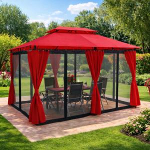 Tonnelle de Jardin 3 x 4 m avec Éclairage LED Solaire et Rideaux