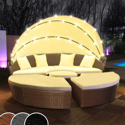 Canapé jardin, résine tressée, éclairage led solaire, 210 cm, 3 teintes