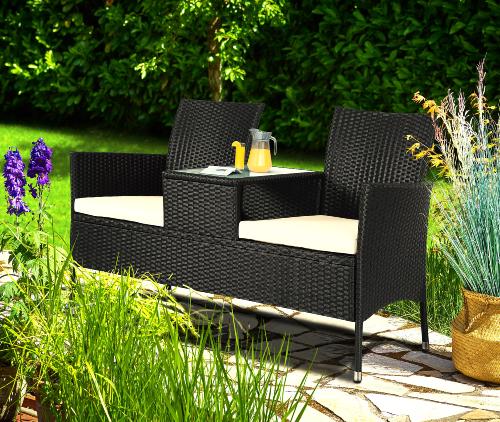 Banc de jardin, résine tressée noir, 2 places avec table intégrée 