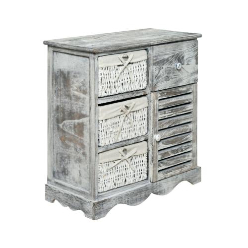 Commode bois avec 3 paniers, blanc/gris