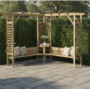 Pergola d’angle bois 190x190 cm avec double banc et tablette centrale