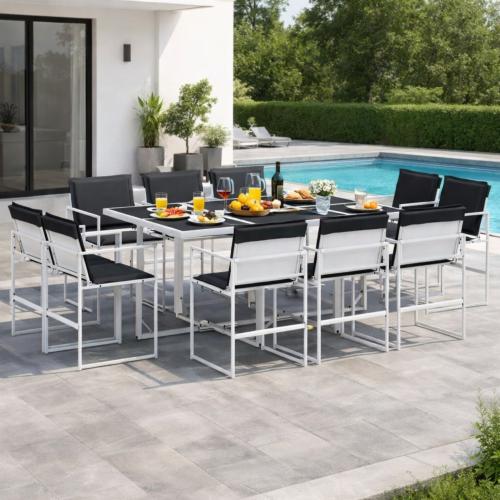 SALON de jardin acier thermolaqué blanc /  textilène, 10 places