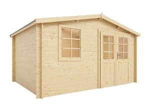 Abri de jardin bois 12 m² ARVENA – Madriers 28 mm – Toit double pente avec bardeaux bitumeux
