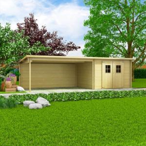 ABRI de jardin, bois massif 28 mm avec extension réversible, surface 22 m²