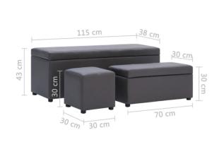 Bancs coffre et pouf, cuir gris, lot de 3