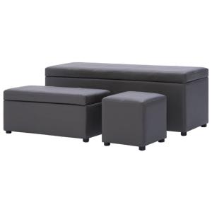 Bancs coffre et pouf, cuir gris, lot de 3