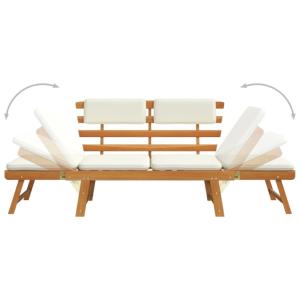 Banc de jardin convertible en acacia, coussins crème