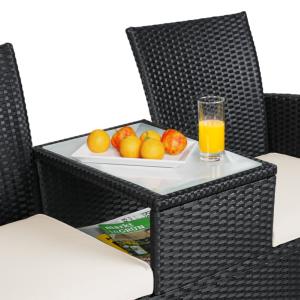 Banc de jardin, résine tressée noir, 2 places avec table intégrée 