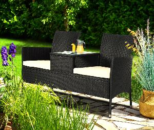 Banc de jardin, résine tressée noir, 2 places avec table intégrée 