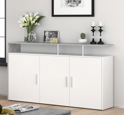 Commode buffet bas 160 cm 3 portes – MARIN – Gris béton ou Anthracite / Blanc