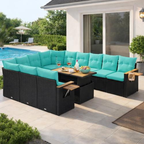 Canapé de jardin modulable en résine tressée noir avec coussins bleu et table relevable