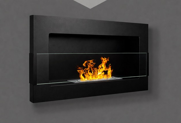 Chemin&eacute;e bio-&eacute;thanol murale noire avec vitre de protection et flammes