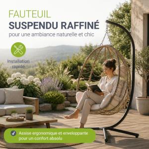 Fauteuil suspendu ALOA en rotin avec support – Beige ou gris