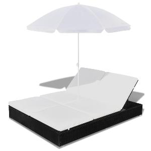 LIT de jardin double en résine tressée noir, avec parasol, 3 coloris