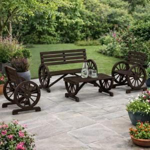 SALON de jardin, vintage, bois massif, aspect brûlé, 4 places