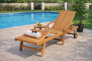 Bain de soleil, teck massif, pliable, sur roues