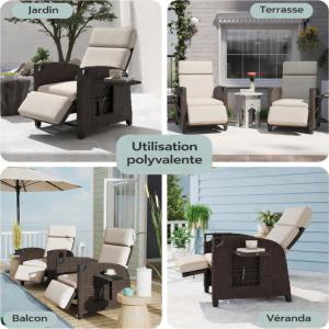 Fauteuil transat en résine tressée avec coussin et tablette – bain de soleil inclinable