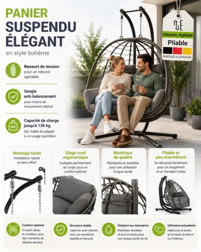 Fauteuil suspendu double ALOA XL en polyrotin gris ou beige– 2 places