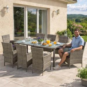 SALON DE JARDIN 8 places en résine tressée, gris